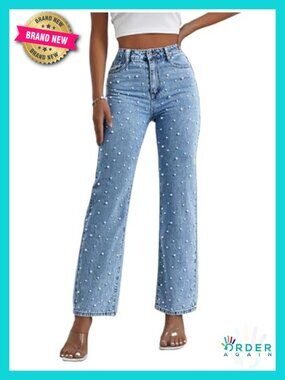 High Waisted Straight Leg Denim Pants Trousers with Rhinestone Pearl Details